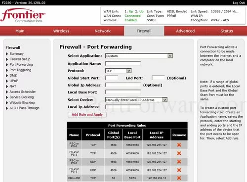 Actiontec F2250 - Frontier Port Forwarding