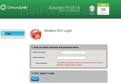 Actiontec PK5001A Login