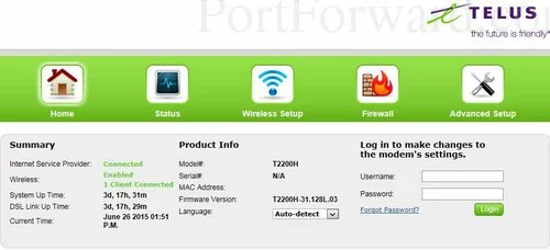 Actiontec T2200H - Telus Login