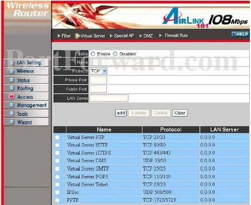 Airlink+ Airlink101-AR410W port forward