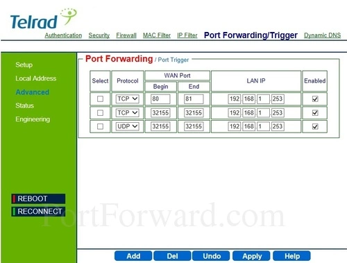 Alvarion BMAX-6000 - Telrad Port Forwarding