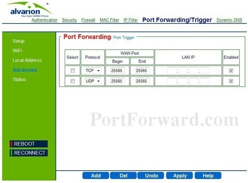 Alvarion WIXFBR-103X187 port forward