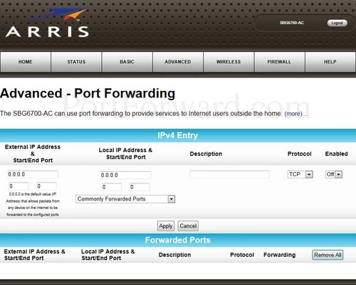 Arris SBG6700-AC Advanced - Port Forwarding