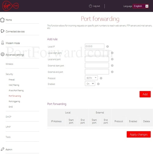 Arris TG2492LG-VM Port Forwarding