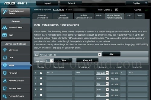 Asus 4G-N12 Virtual Server Port Forwarding