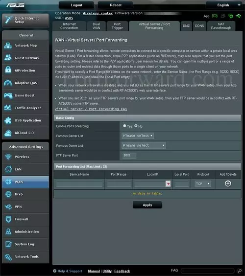 Asus DSL-AC68U Virtual Server Port Forwarding