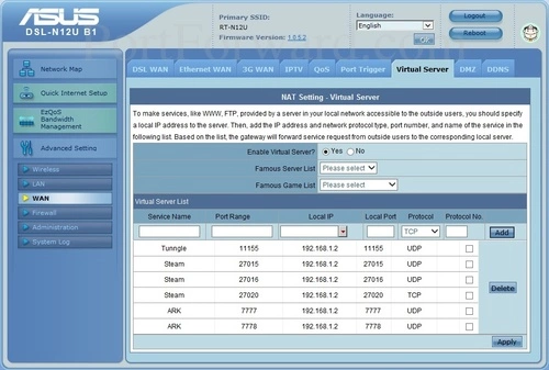 Asus DSL-N12U B1 Virtual Server