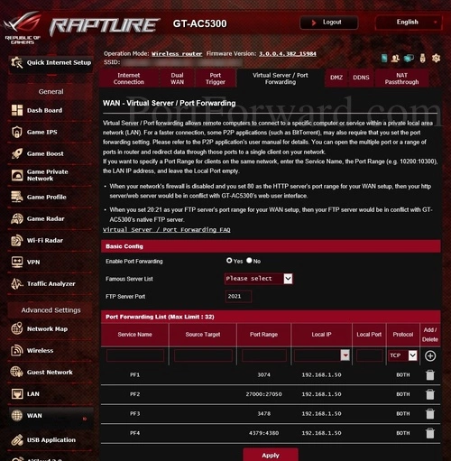 Asus GT-AC5300 Virtual Server Port Forwarding
