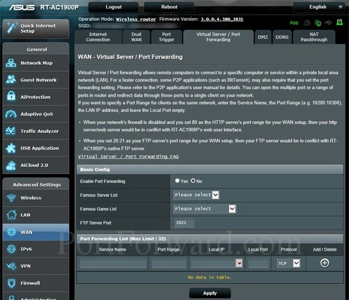 Asus RT-AC1900P Virtual Server Port Forwarding