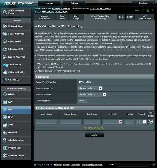 Asus RT-AC3100 Virtual Server Port Forwarding