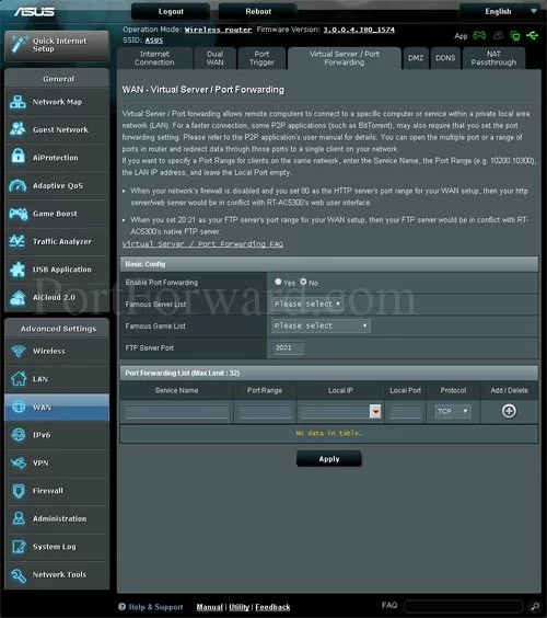 Asus RT-AC53 Virtual Server Port Forwarding