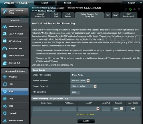 Asus RT-AC56R Virtual Server Port Forwarding