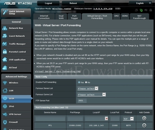 Asus RT-AC56U Virtual Server Port Forwarding