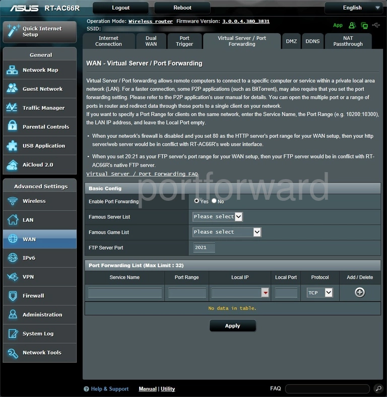 router virtual server screenshot