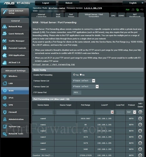 Asus RT-AC66U Virtual Server Port Forwarding