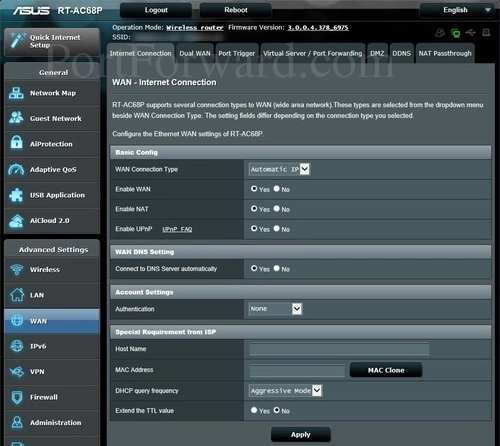 Asus RT-AC68P Internet Connection