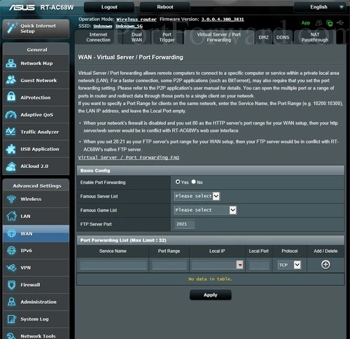 Asus RT-AC68W Virtual Server Port Forwarding