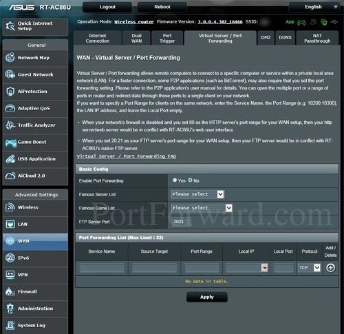 Asus RT-AC86U Virtual Server Port Forwarding