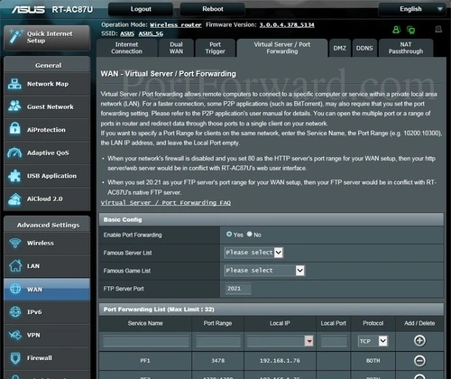 Asus RT-AC87U Virtual Server Port Forwarding