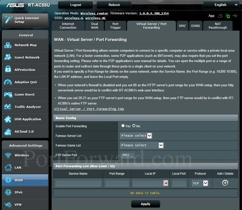 Asus RT-AC88U Virtual Server Port Forwarding