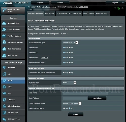 Asus RT-ARCH13 Internet Connection