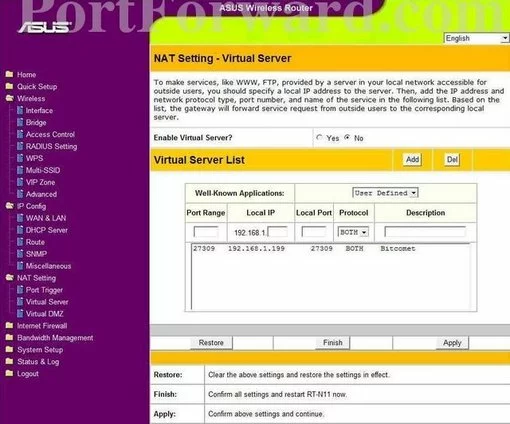 Asus RT-N11 port forward