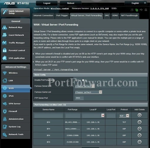 Asus RT-N15U port forward