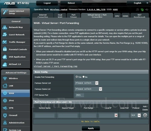 Asus RT-N18U Virtual Server Port Forwarding