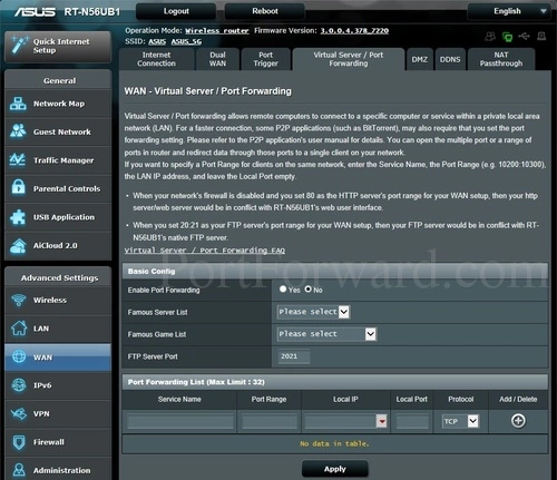 Asus RT-N56UB1 Virtual Server Port Forwarding