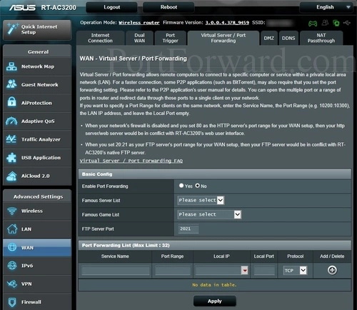 Asus RT-AC3200 Virtual Server Port Forwarding