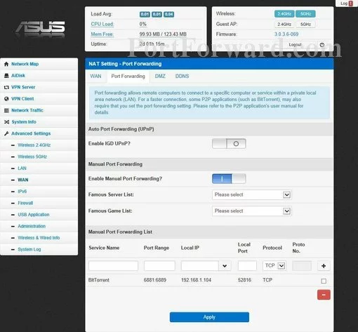 Asus RT-N65U port forward