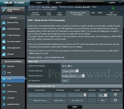 Asus RT-N66W Virtual Server Port Forwarding