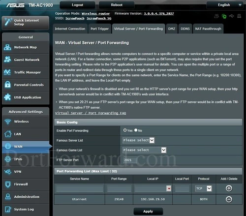 Asus TM-AC1900 Virtual Server Port Forwarding