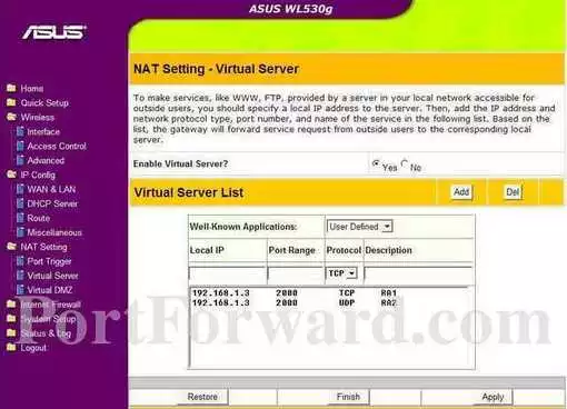 Asus WL-530G port forward