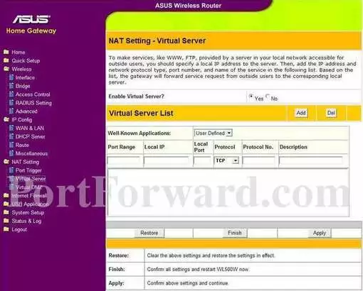 Asus WL500g_Deluxe port forward