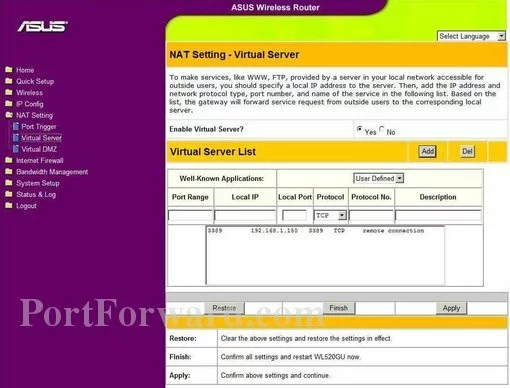 Asus WL520GU port forward