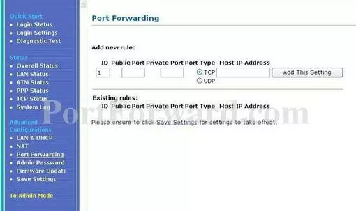 Aztech DSL305EU port forward