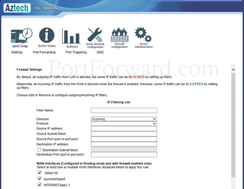 Aztech DSL7000GR Firewall Settings