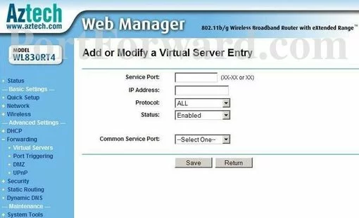 Aztech WL830RT4 port forward
