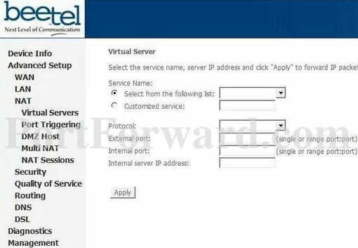 Beetel 110BX1 port forward