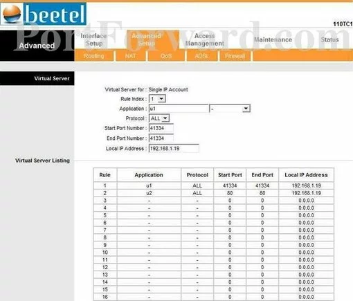 Beetel 110TC1 port forward