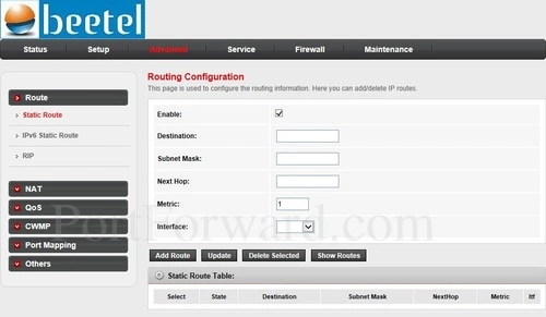 Beetel 777VR1 Static Routing Configuration