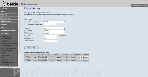 Belkin F9J1004v1 port forward