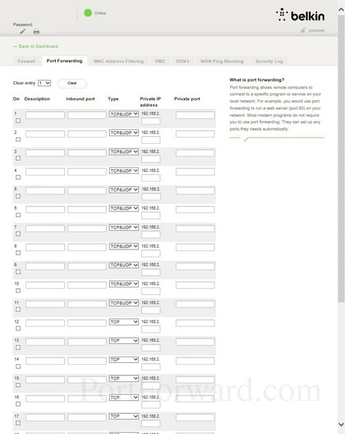 Belkin F9K1007v1 Port Forwarding