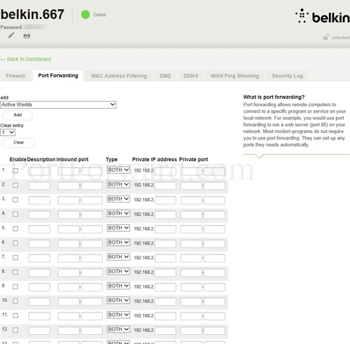 Belkin F9K1009v2 Port Forwarding