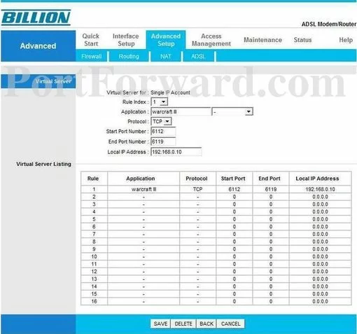 Billion 5200S port forward