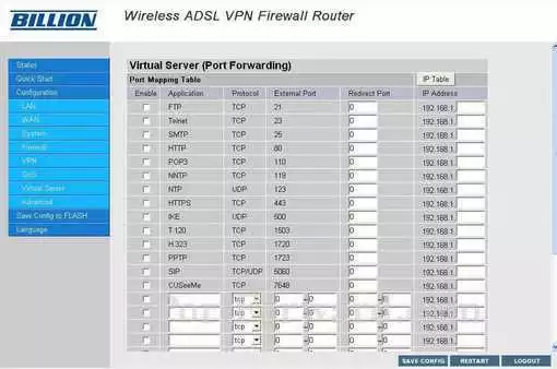 Billion 7204W port forward