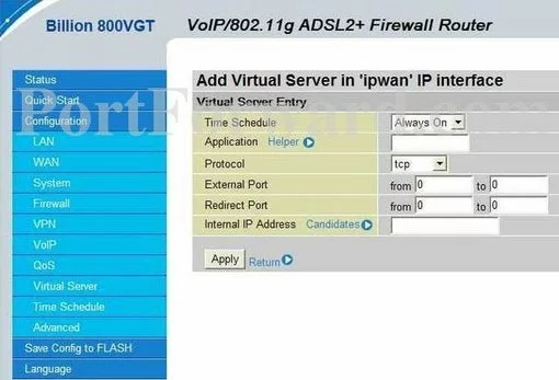 Billion 800VGT port forward