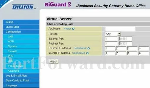 Billion Biguard2 port forward