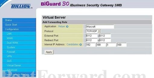 Billion Biguard-30 port forward